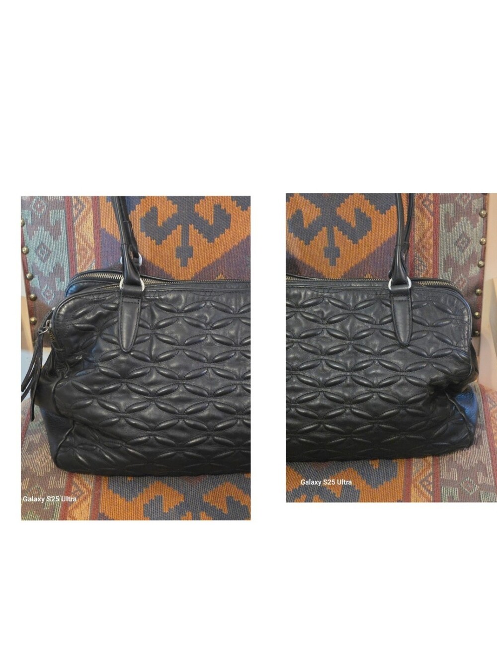 BLACK QUILTED Floral Genuine LEATHER Oversized Satchel/Crossbody SLOUCHY EUC - Picture 14 of 17